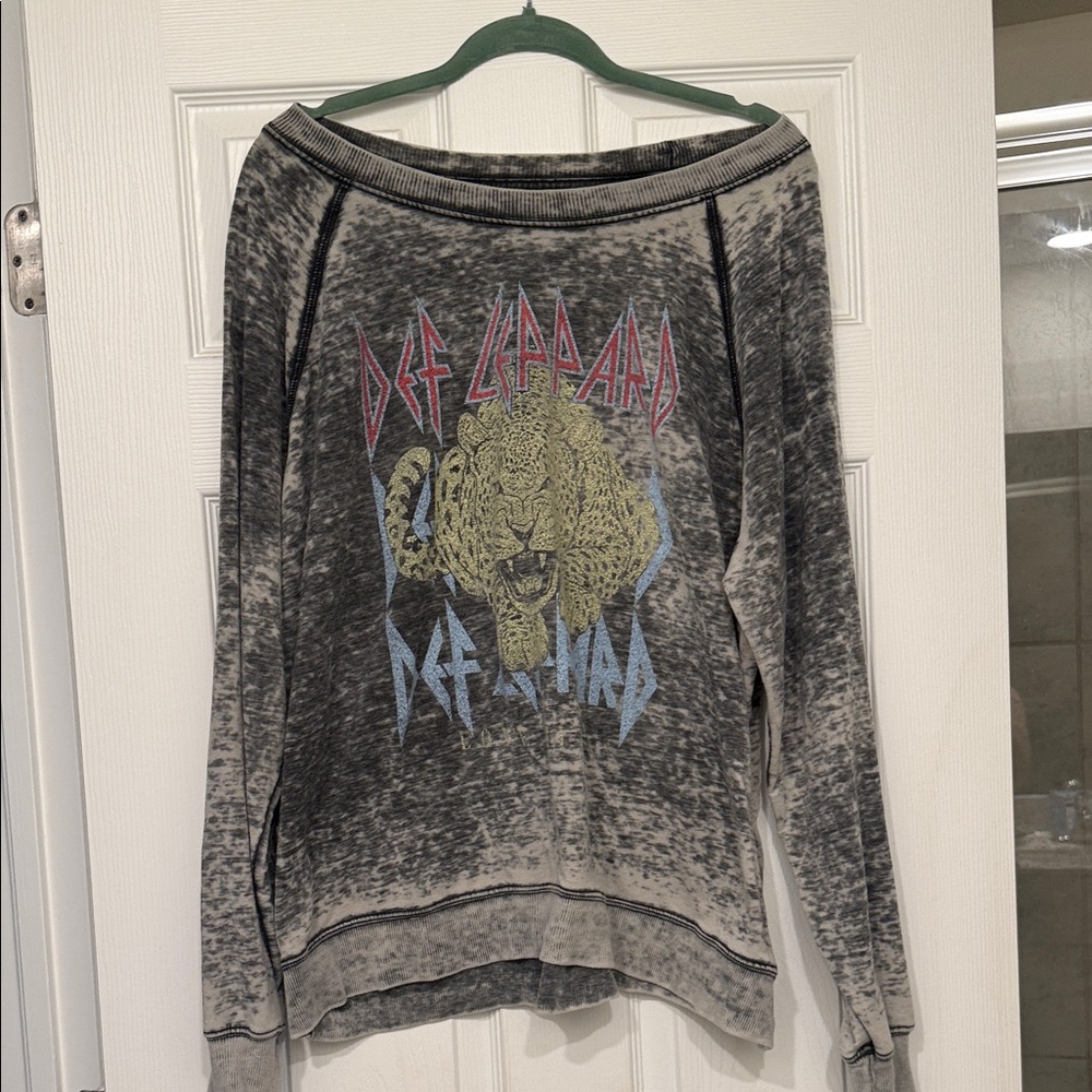 Recycled Karma Gray Def Leppard Off-Shoulder Sweater